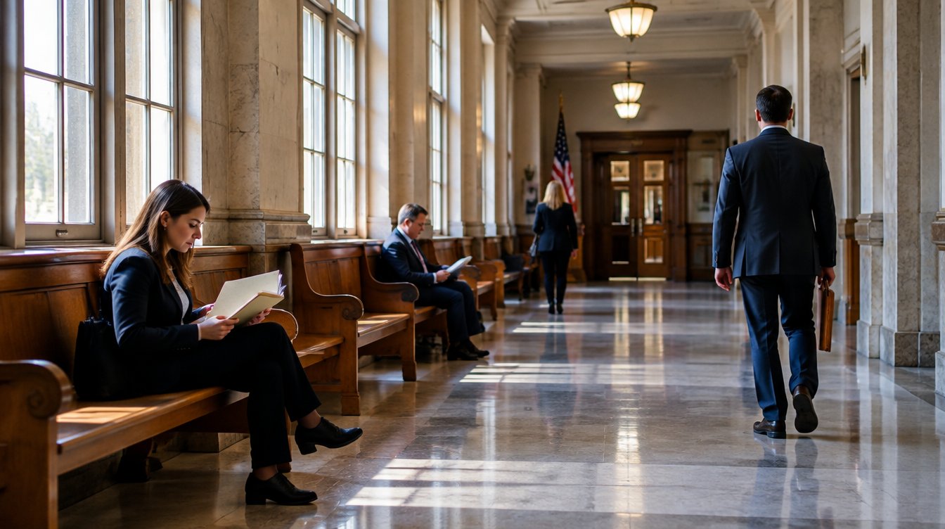 Quiet county courthouse hallway with case folders for a Georgia eviction hearing
