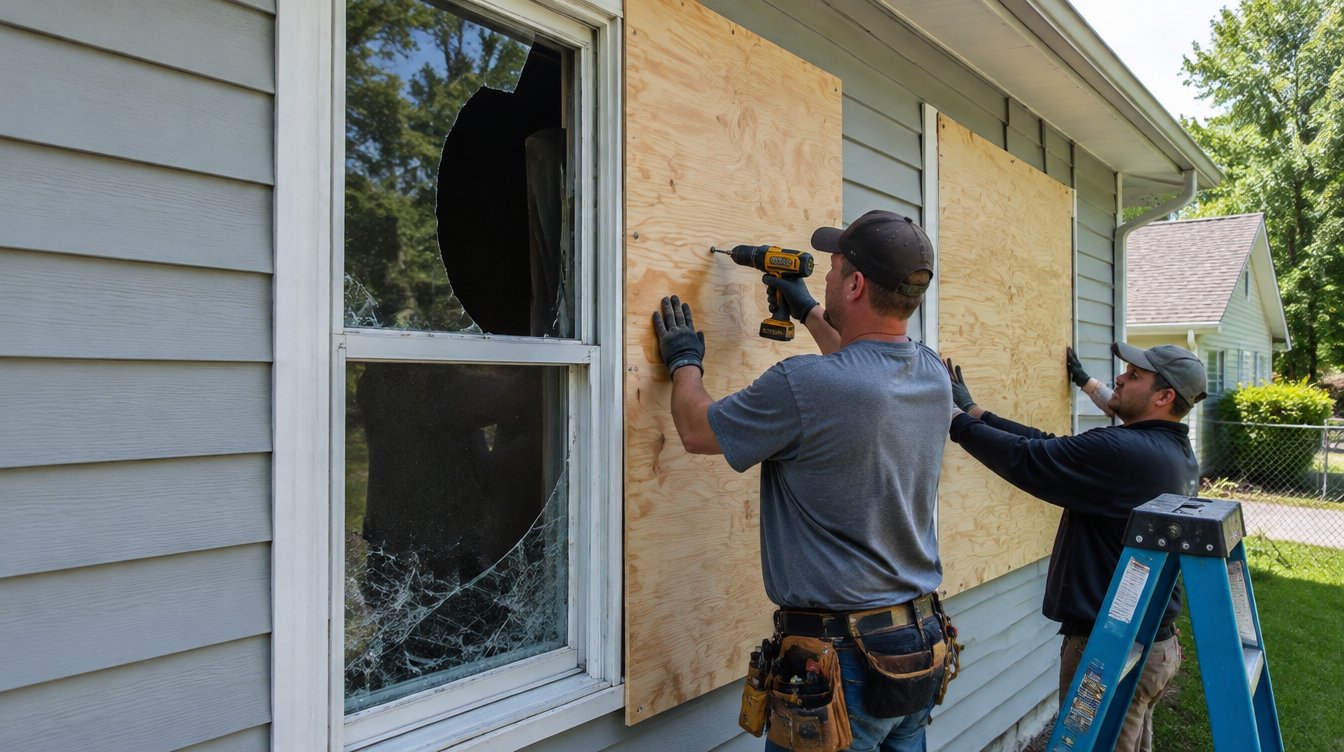 Plywood board-up on a residential window of a vacant Georgia property