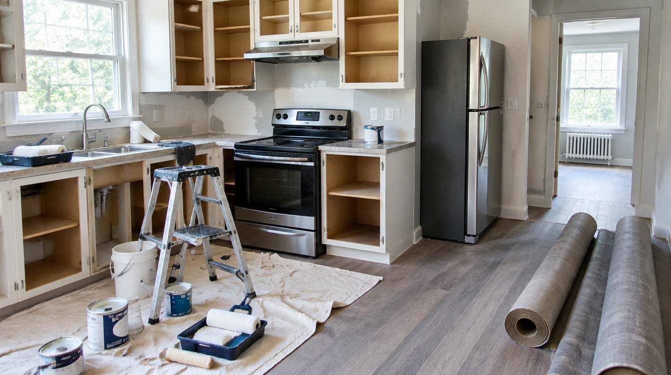 Make-ready renovation supplies in a Georgia rental kitchen after turnover