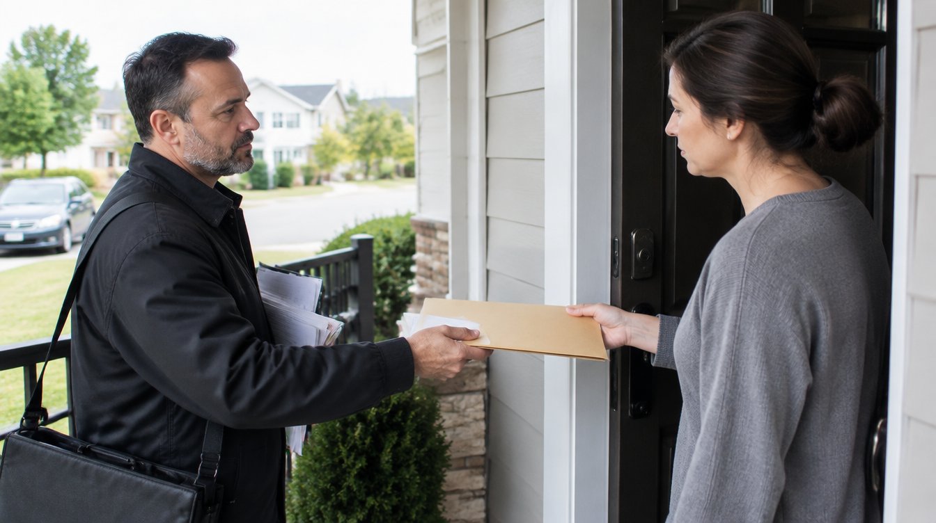 Process server delivering court documents at a front door in Georgia