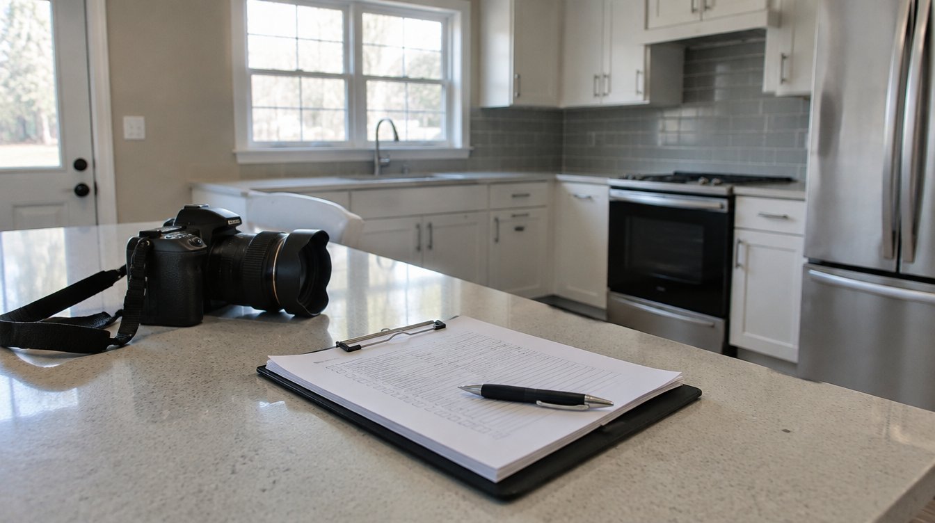 Property inspection clipboard in a vacant Georgia rental kitchen
