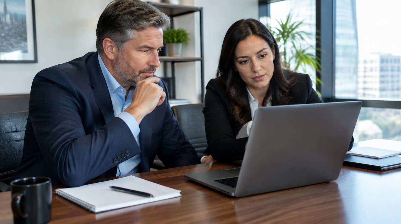 Property manager reviewing past-due rent on a laptop in Georgia